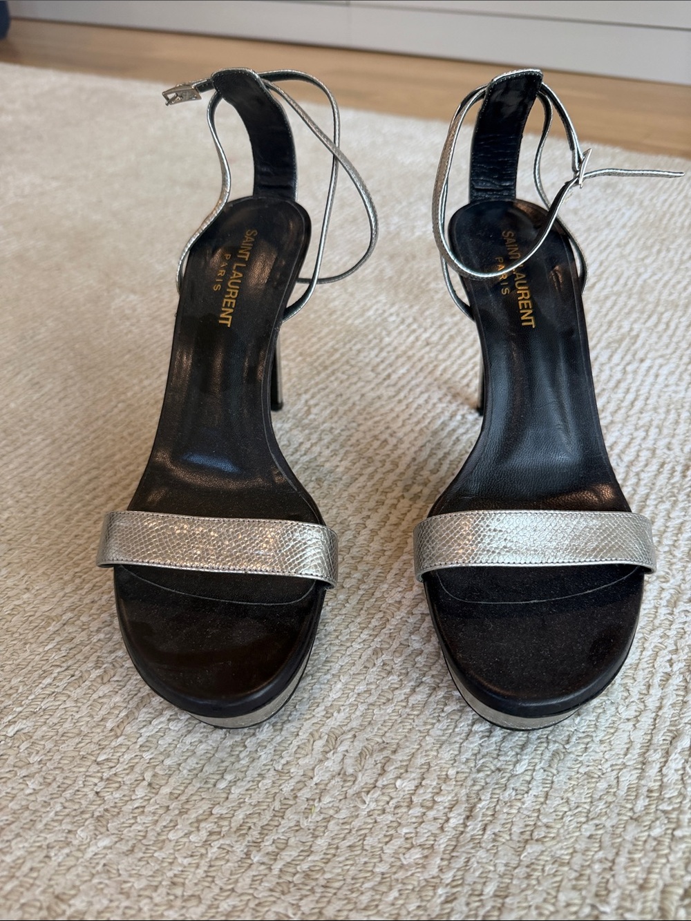 Saint Laurent Metallic Silver Ankle-Tie High Heels